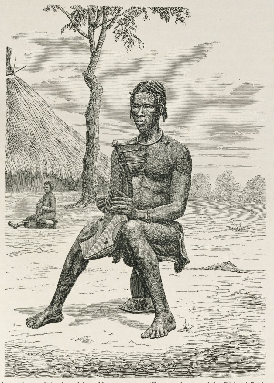 A Harpa Jogador do Azandeh ou Nyam-Nyams, de "A História da Humanidade" pelo Prof. Friedrich Ratzel, pub. em 1904 de Richard Buchta