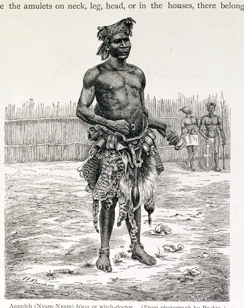 Azandeh (Nyam-Nyam) Binsa ou Witch Doctor, gravado por Jahrmargt, de "A História da Humanidade" pelo Prof. Friedrich Ratzel, pub. em 1904 (gravura) de Richard Buchta