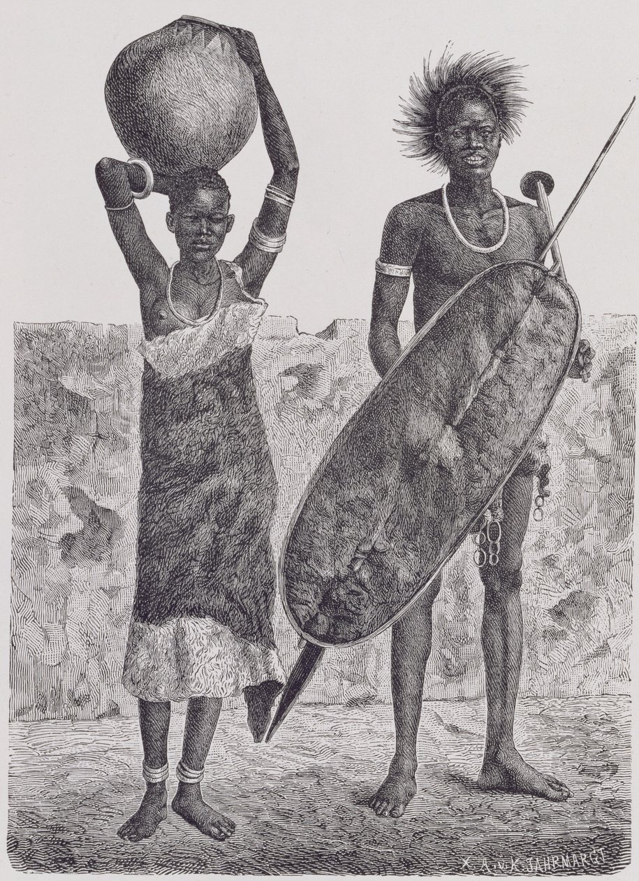 Shillook guerreiro e menina, gravada por Jahrmargt, de "A História da Humanidade", Vol.III, pelo Prof. Friedrich Ratzel, 1898 de Richard Buchta