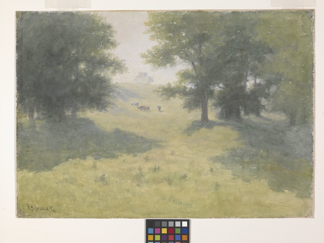 Paisagem com vacas e colinas (aguarela em papel branco) de Richard Buckner Gruelle