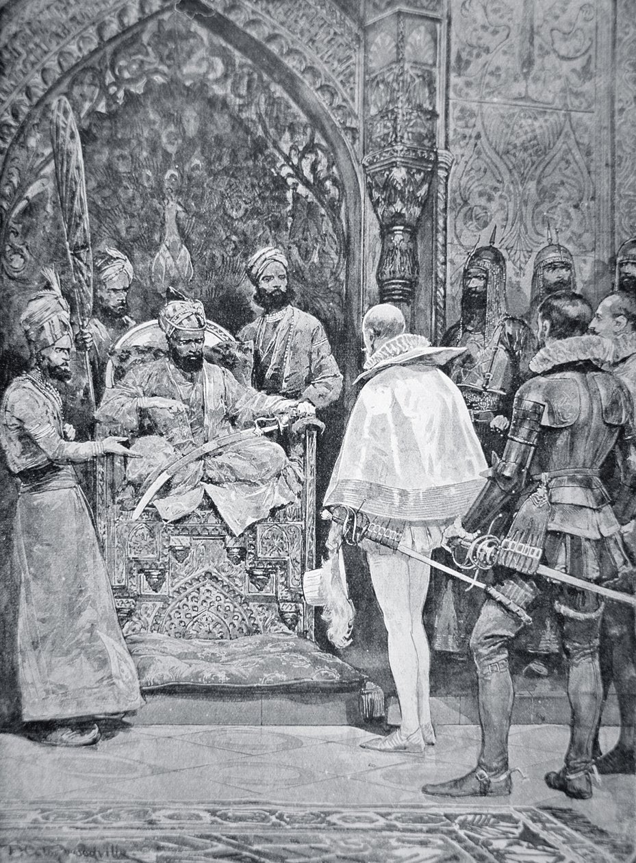Akbar o Grande recebe o Embaixador da Rainha Isabel em 1599 (litho) de Richard Caton (after) Woodville