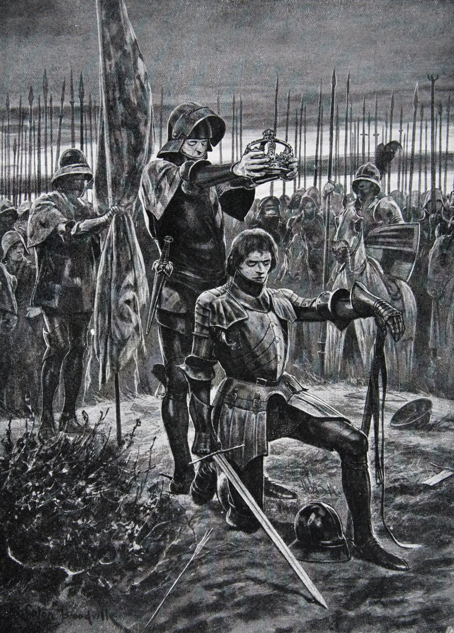Henrique VII coroado em Bosworth, ilustração de "A História da Nação" (litho) de Richard Caton II (after) Woodville
