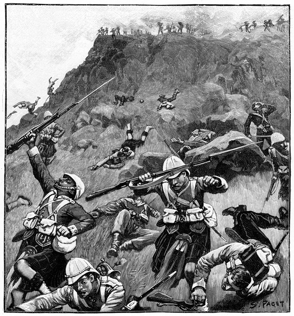 92º Gordon Highlanders em retirada, Batalha de Majuba Hill, 1ª Guerra dos Bôeres, 26-27 de fevereiro de 1881 de Richard Caton II Woodville