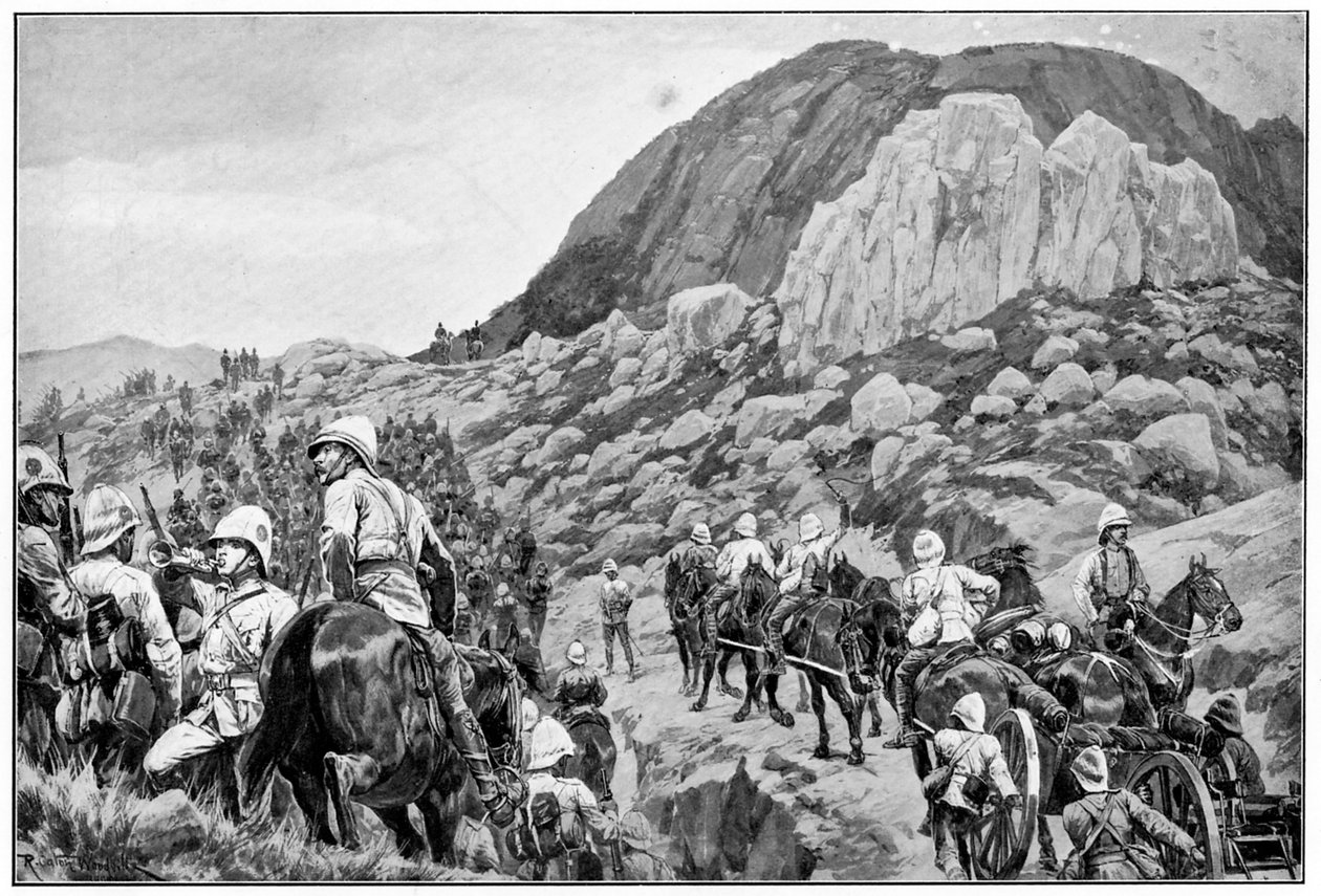Artilharia britânica atacando Spion Kop, 2ª Guerra dos Bôeres, 24 de janeiro de 1900 de Richard Caton II Woodville