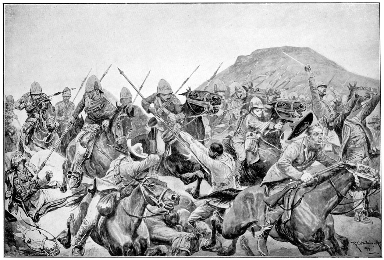 Carga do 5º Lancers em Elandslaagte, 2ª Guerra dos Bôeres, 21 de novembro de 1899. de Richard Caton II Woodville