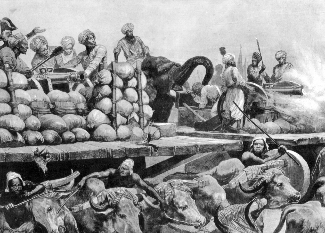 A artilharia Nawab Siraj Ud Daulahs em sua plataforma móvel, Índia, 1757, 1893. de Richard Caton II Woodville