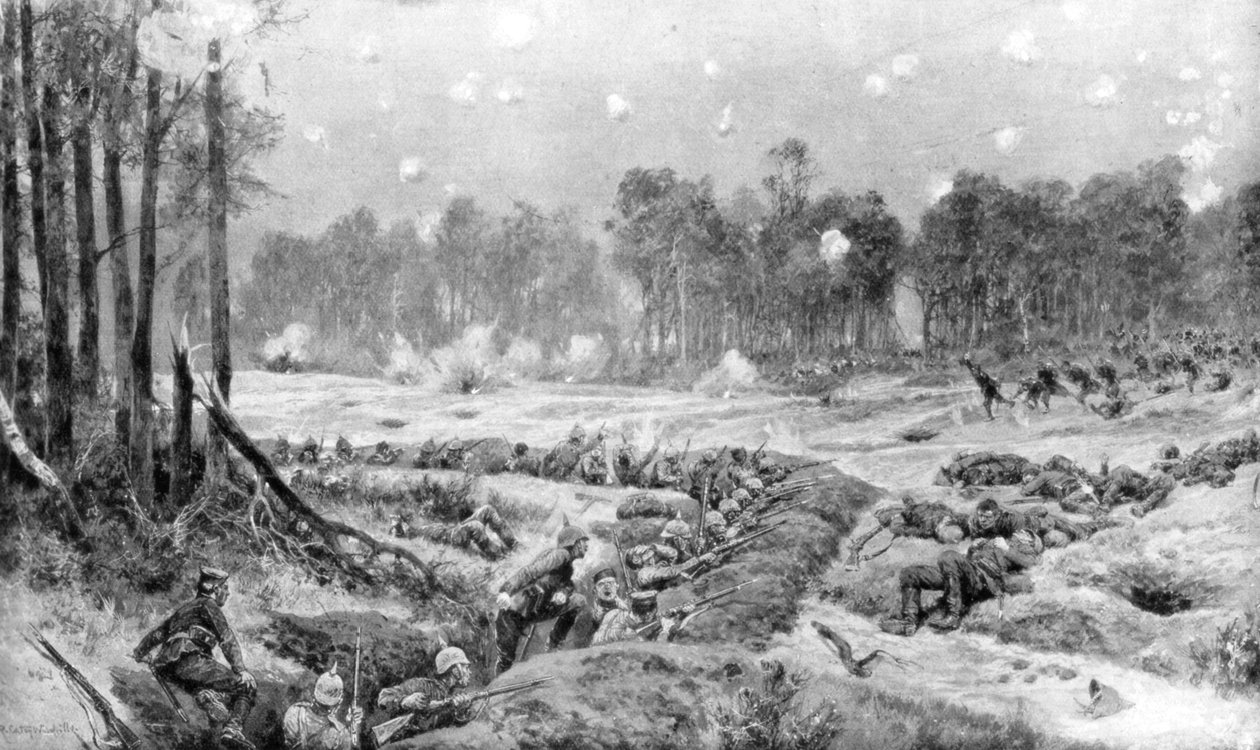 O ataque das trincheiras alemãs em Nogent-lAbbesse, frente de Reims, 24 de setembro de 1914, 1926. de Richard Caton II Woodville