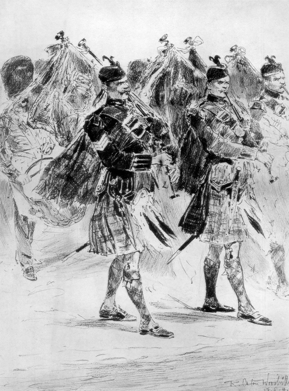 Ao lamento dos canos, os soldados das montanhas lamentam, 1910. de Richard Caton II Woodville