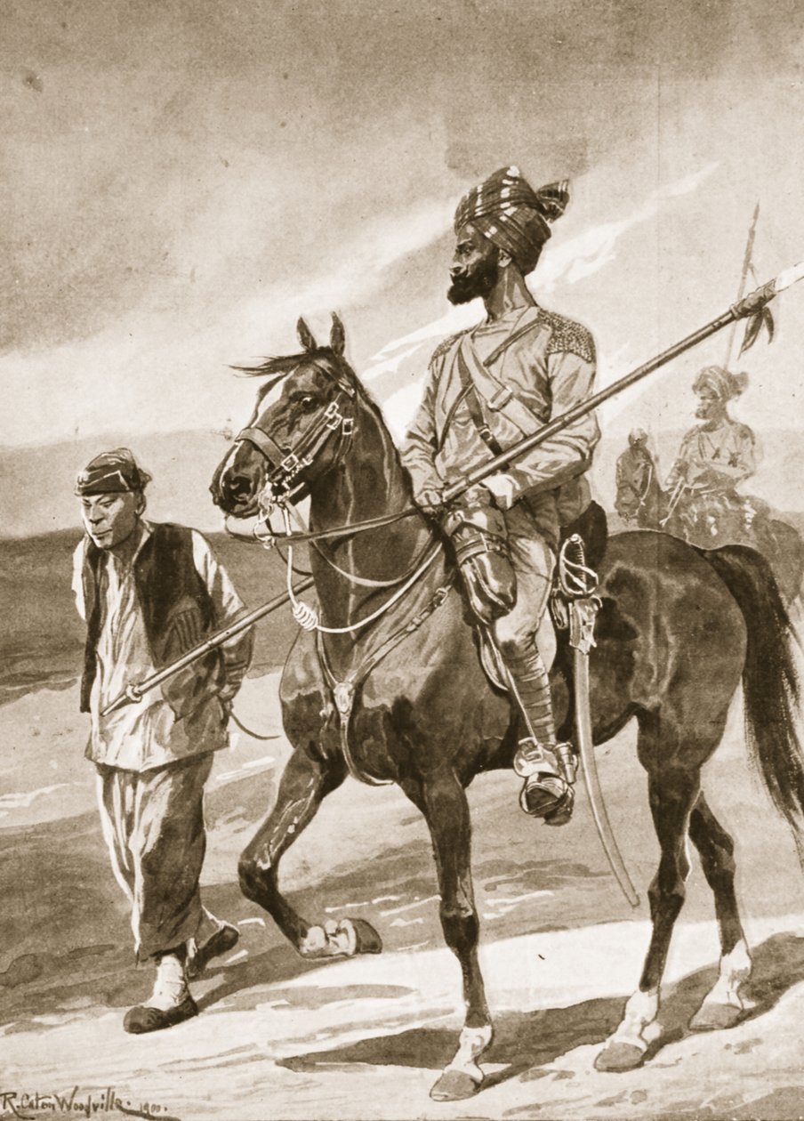 Um Lancer de Bengala e seu Boxer em cativeiro, ilustração de &39;Battles of the 19th Century: vol. VII, A Guerra Chinesa de 1900-1901 &39;por Archibald Forbes, GA Henty e Major Arthur Griffiths de Richard Caton Woodville