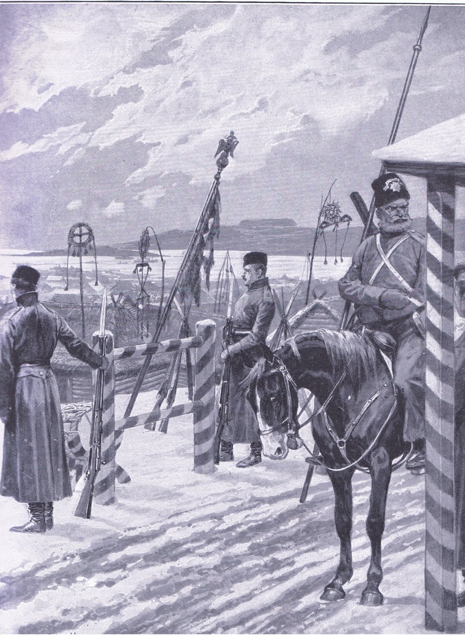 Uma estação cossaco na Manchúria com sinais tribais sobre as cabanas dos homens, ilustração fromCassells História da Guerra Russo-Japonesa Vol 1, c.1900 de Richard Caton Woodville