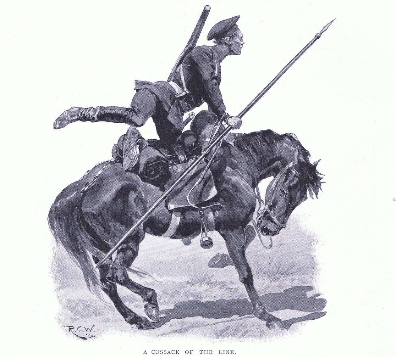 Um cossaco da linha, ilustração deCassells História da Guerra Russo-Japonesa Vol 1, c.1900 de Richard Caton Woodville