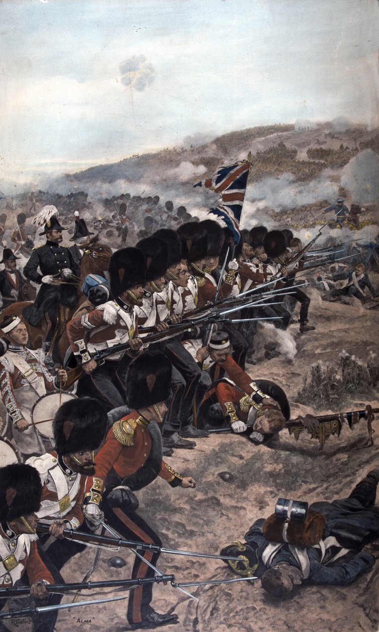 Uma linha de Coldstream Guardsmen com baionetas fixas avançando sob fogo em direção ao inimigo, Batalha de Alma, Guerra da Criméia (1854-56) 1896 (fotogravura colorida) de Richard Caton Woodville