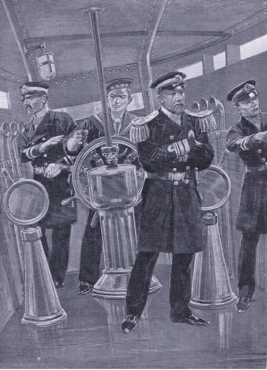 Almirante Togo na Torre Conning de sua nau capitânia, dirigindo uma ação naval, ilustração deCassells História da Guerra Russo-Japonesa Vol 1, c.1900 de Richard Caton Woodville