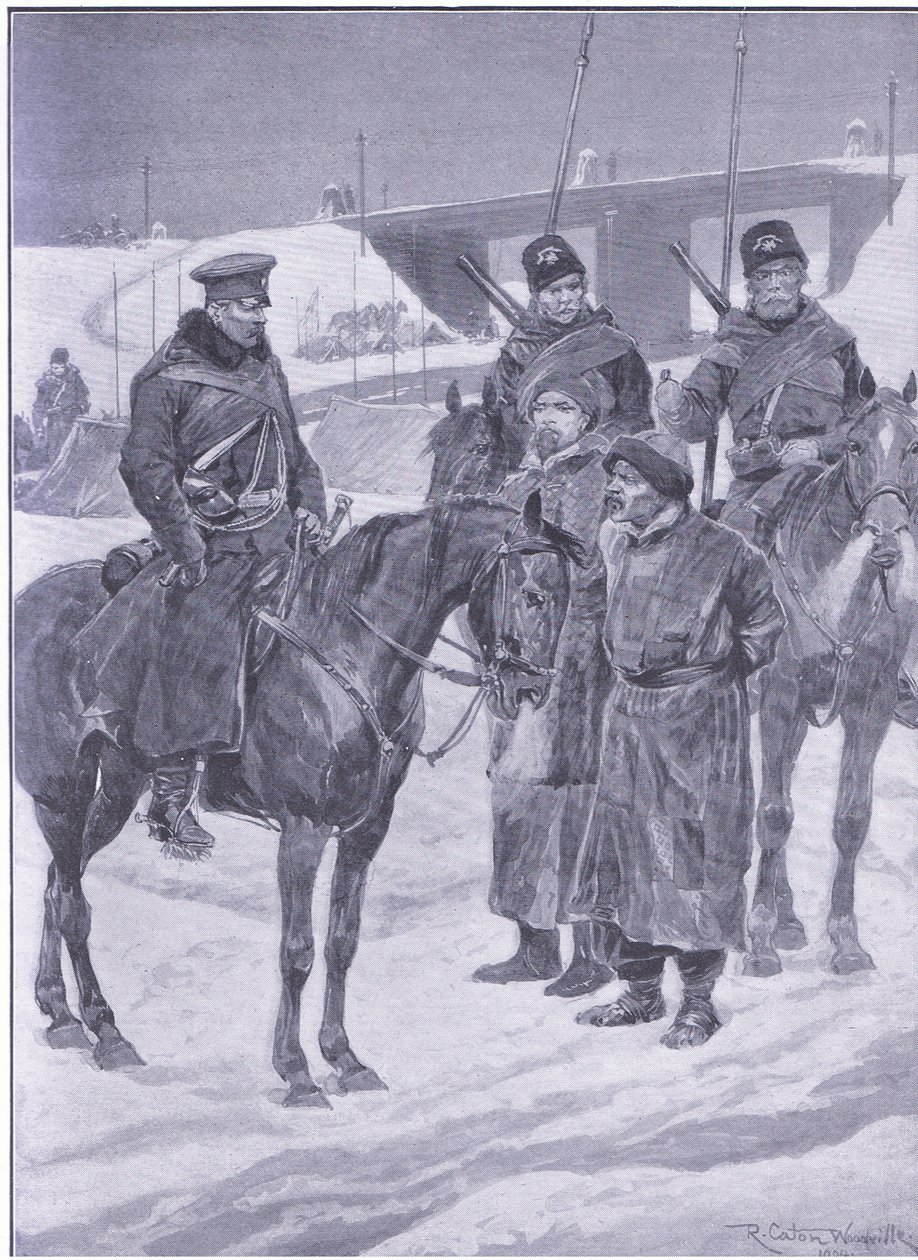 Detenção de espiões japoneses descobertos como coolies, ilustração deCassells História da Guerra Russo-Japonesa Vol 1, c.1900 de Richard Caton Woodville