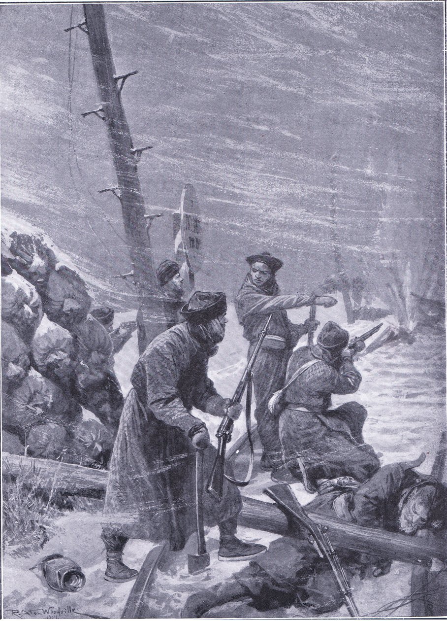 Ataque na estrada de ferro por Chunchuses, ilustração fromCassells História da Guerra Russo-Japonesa Vol 1, c.1900 de Richard Caton Woodville
