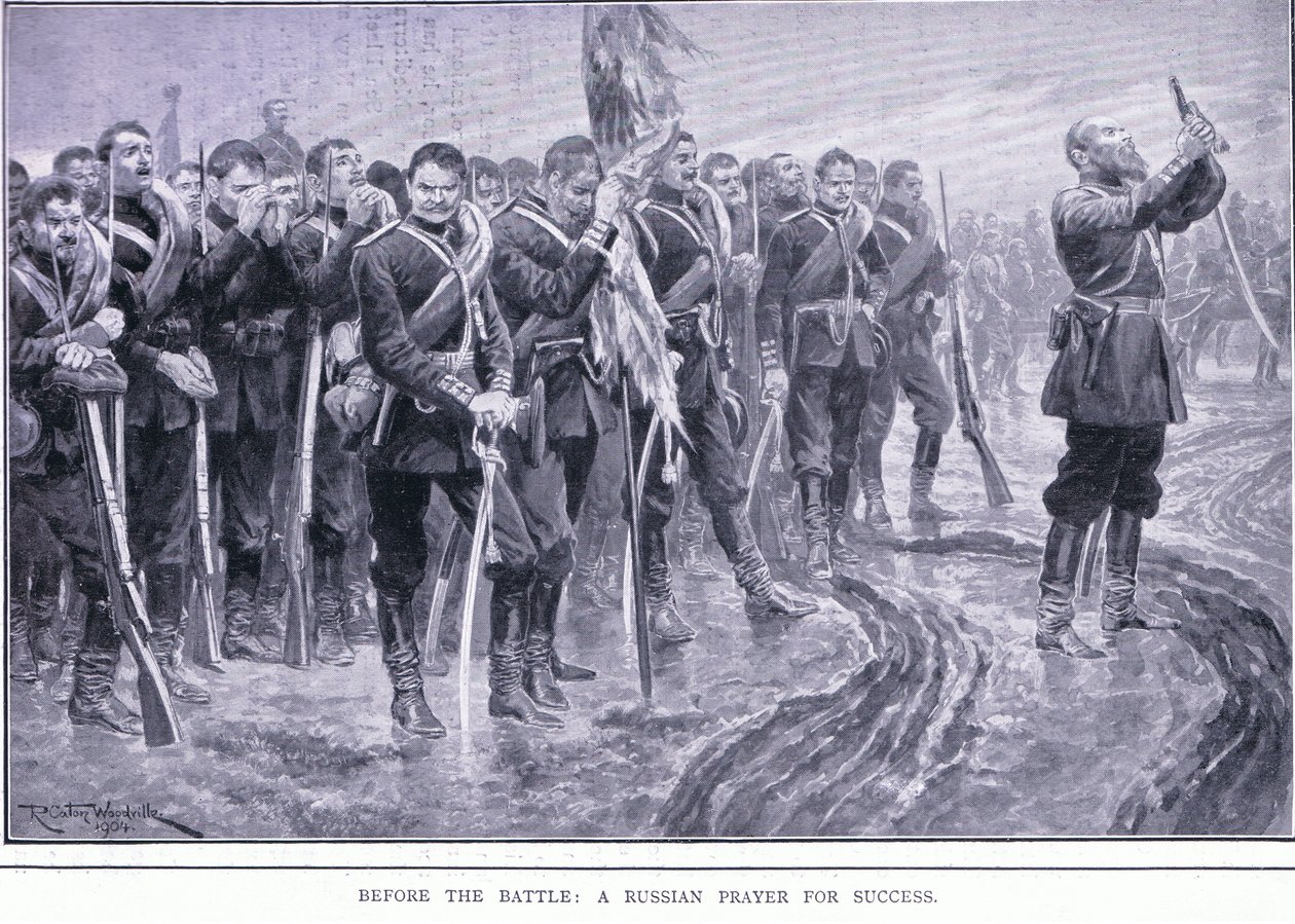 Antes da batalha: Uma oração russa pelo sucesso, ilustração deCassells História da Guerra Russo-Japonesa Vol 1, c.1900 de Richard Caton Woodville
