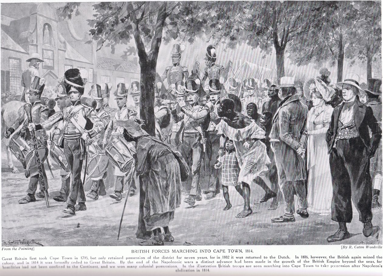 Forças britânicas marchando para a Cidade do Cabo, ilustração da &39;Hutchinson&39;s Story of the British Nation&39; de Richard Caton Woodville
