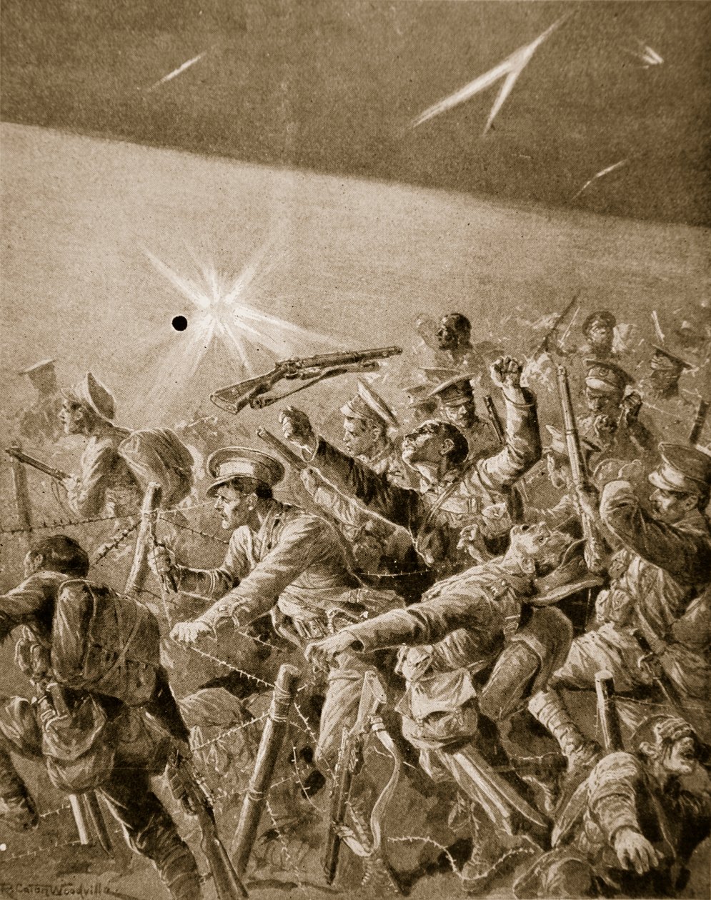 A infantaria britânica forçando seu caminho através dos entrelaçamentos de cabos da Alemanha, 1914-19 de Richard Caton Woodville