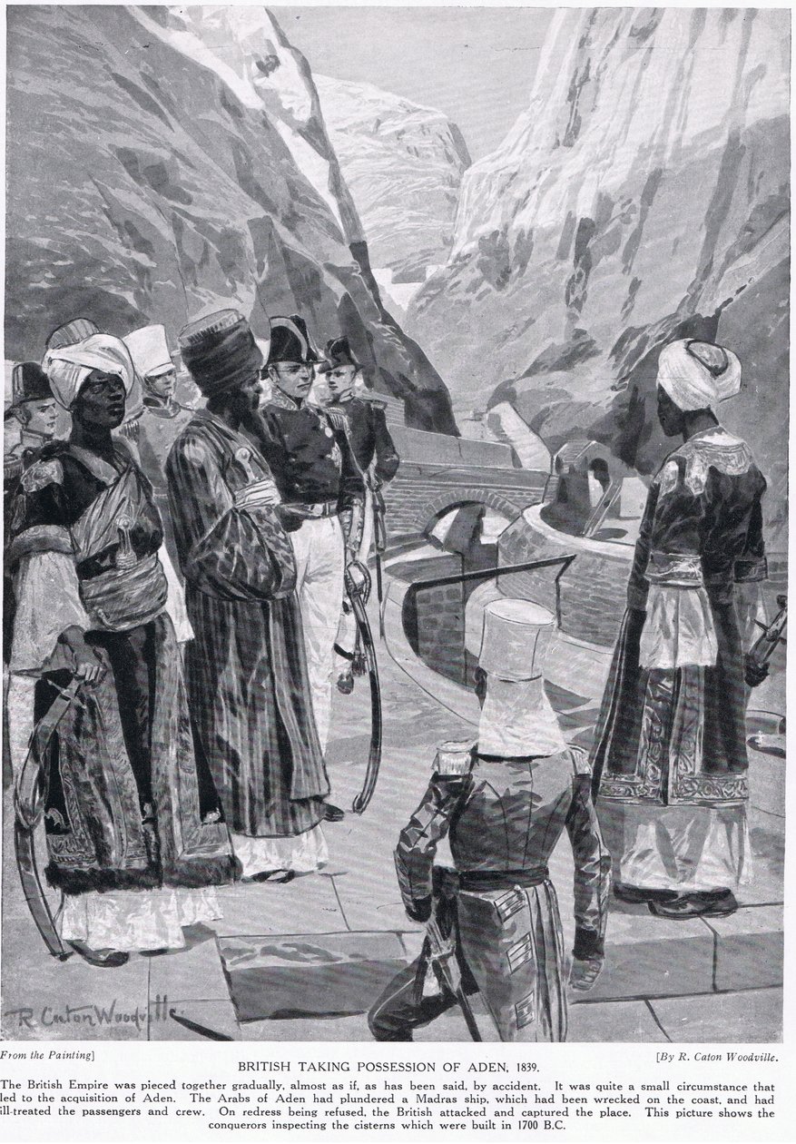 Britânicos tomando posse de Aden, ilustração da &39;Hutchinson&39;s Story of the British Nation&39; de Richard Caton Woodville