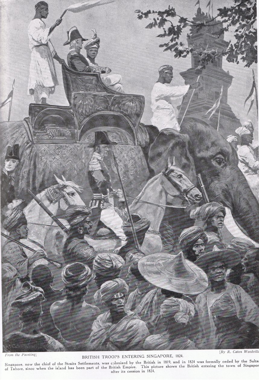Tropas britânicas entrando em Cingapura, 1824, ilustração da &39;Hutchinson&39;s Story of the British Nation&39; de Richard Caton Woodville
