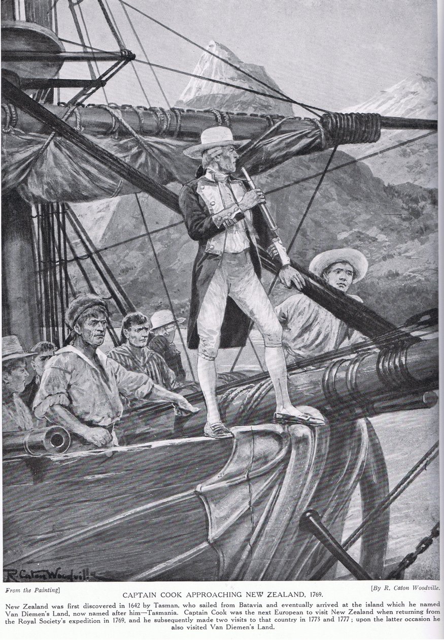 Capitão Cook se aproximando da Nova Zelândia, ilustração da &39;Hutchinson&39;s Story ofthe British Nation&39;, c.1923 de Richard Caton Woodville