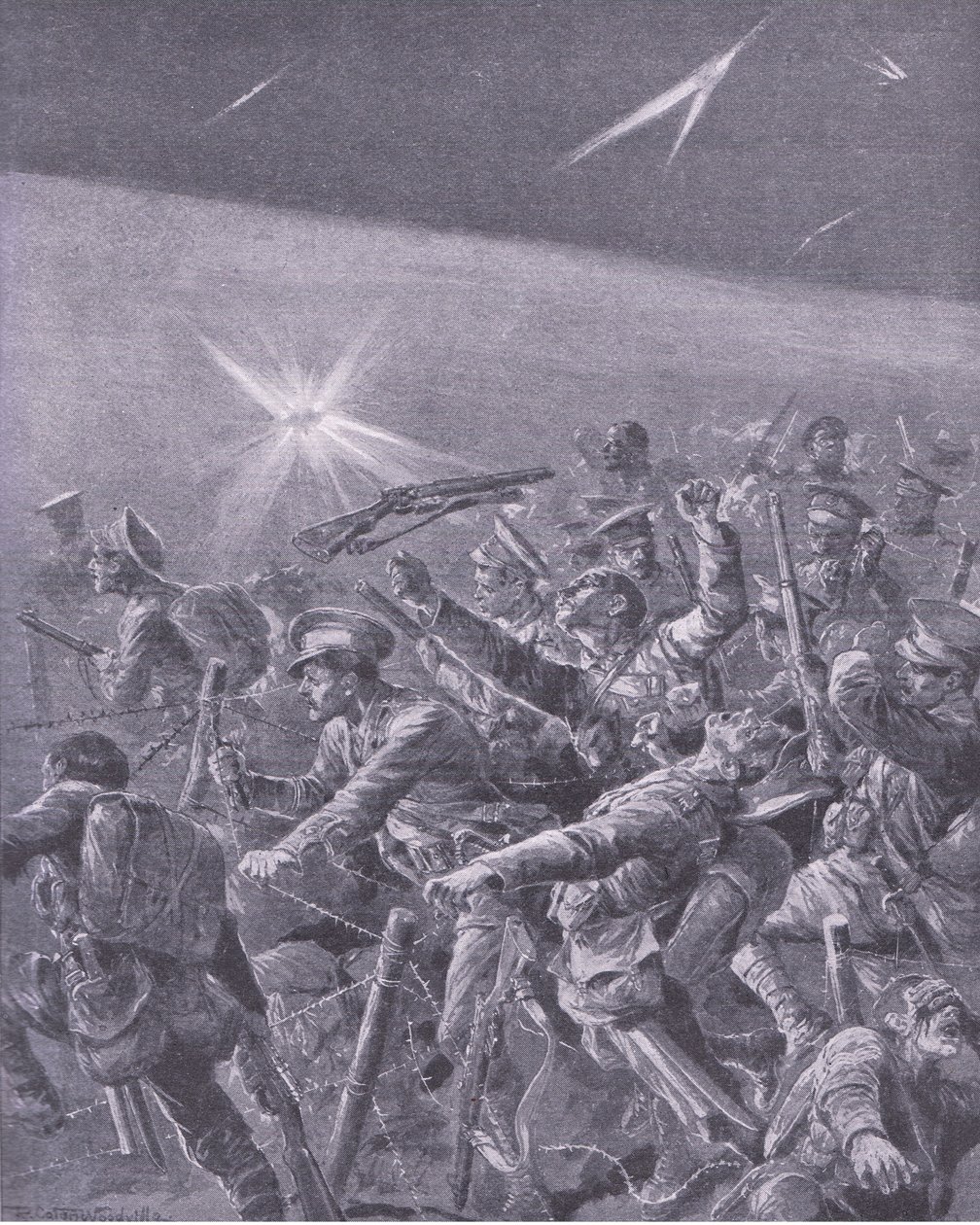 Preso em enredos de arame farpado: Ataque noturno pela infantaria britânica, da História da Grande Guerra Vol. 3 publicada por Waverley Book Co Limited, c.1920 de Richard Caton Woodville