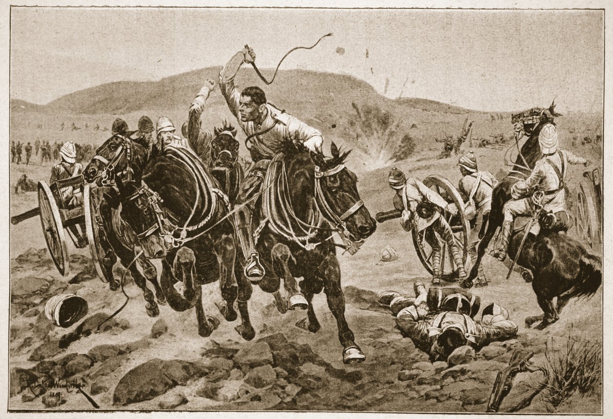 Artilharia de campo entrando em ação, ilustração de &39;Battles of the 19th Century, vol. VI: A Guerra dos Bôeres de 1899 a 1900, por Archibald Forbes, GA Henty e Major Arthur Griffiths de Richard Caton Woodville