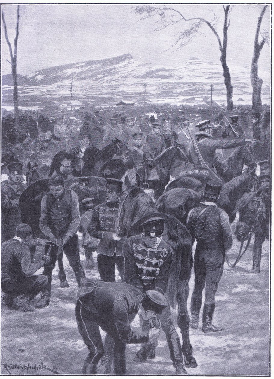 Acampamento de cavalaria japonesa em Seul: Farriers no trabalho, ilustração fromCassells História da Guerra Russo-Japonesa Vol 1, c.1900 de Richard Caton Woodville