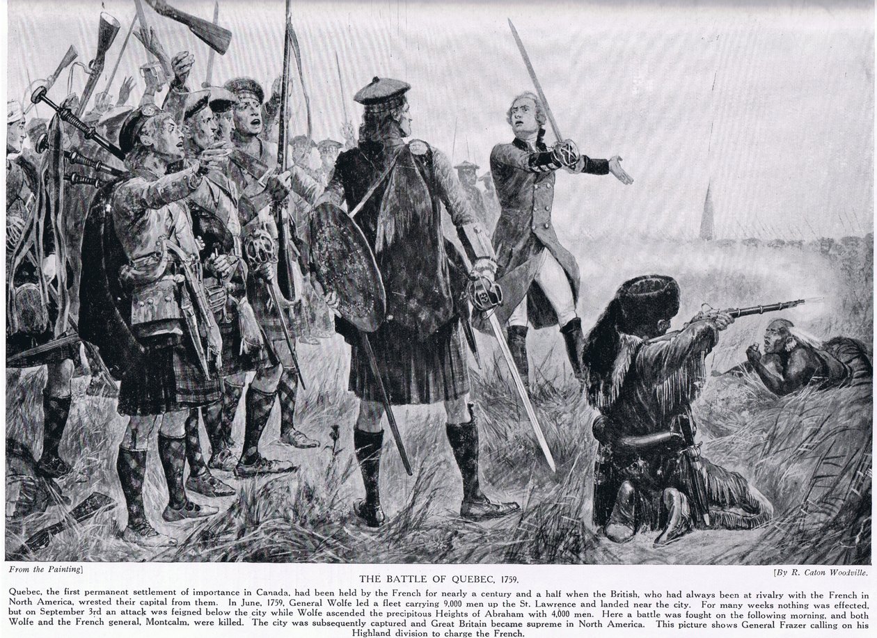 A Batalha de Quebec, 1759, ilustração da "História da Nação Britânica" de Hutchinson, c.1923 de Richard Caton Woodville