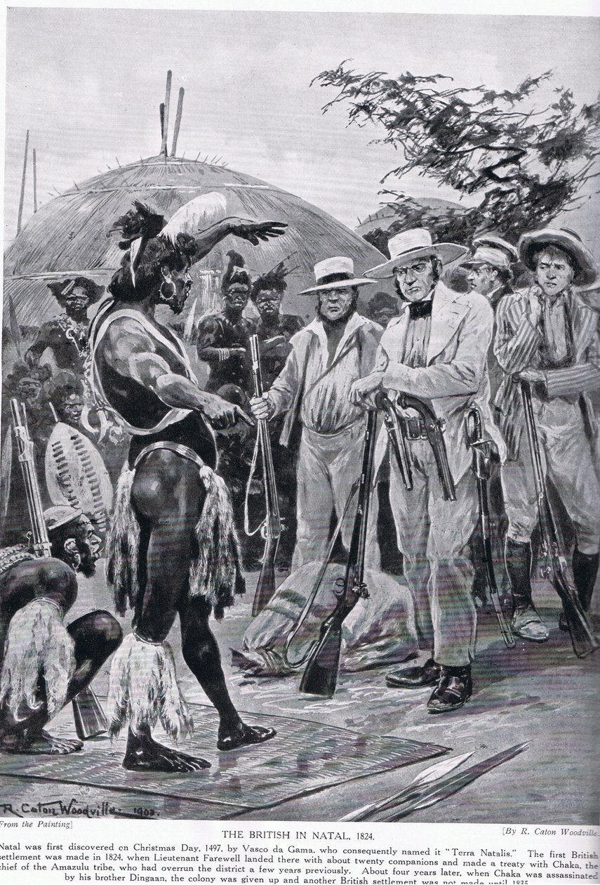 Os britânicos em Natal em 1824, ilustração da &39;Hutchinson&39;s Story of the British Nation&39; de Richard Caton Woodville