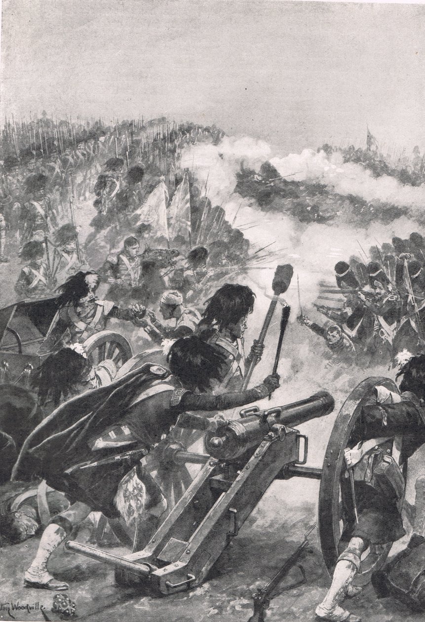 Os Highlanders transformando as armas francesas capturadas nos Batalhões de Brenniers, ilustração de "Batalhas Britânicas na Terra e no Mar", publicada por Cassell, Londres, c.1910 de Richard Caton Woodville