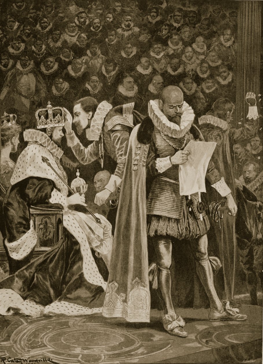 A Homenagem, a Largesse e o Perdão Geral na Coroação de James I e Anne da Dinamarca, 25 de julho de 1603, de &39;The Illustrated London News&39;, 1902 de Richard Caton Woodville