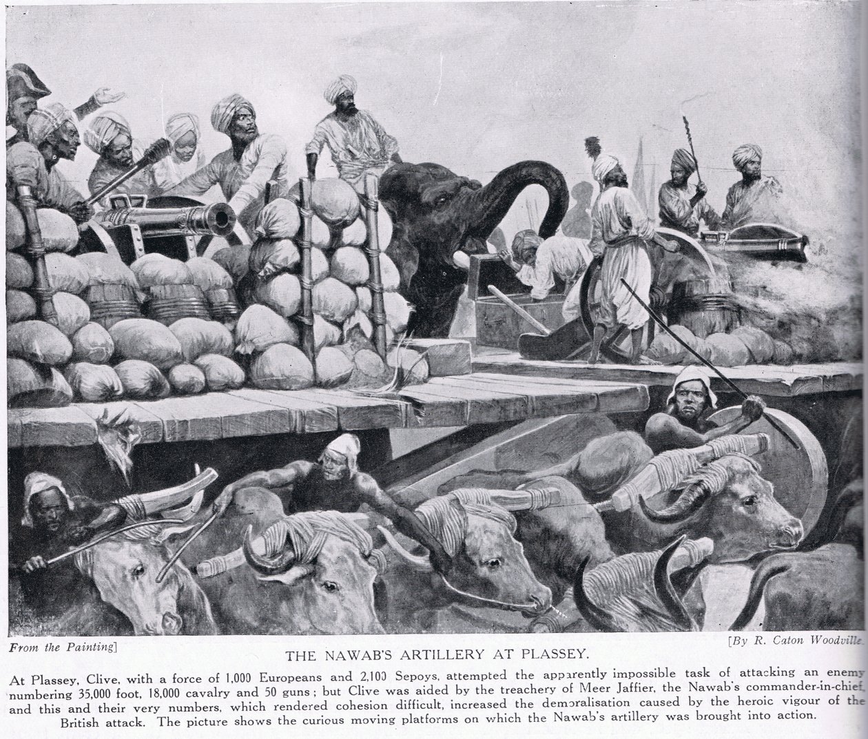 A artilharia do Nawab em Plassey, ilustração da "História da nação britânica" de Hutchinson, c.1923 de Richard Caton Woodville