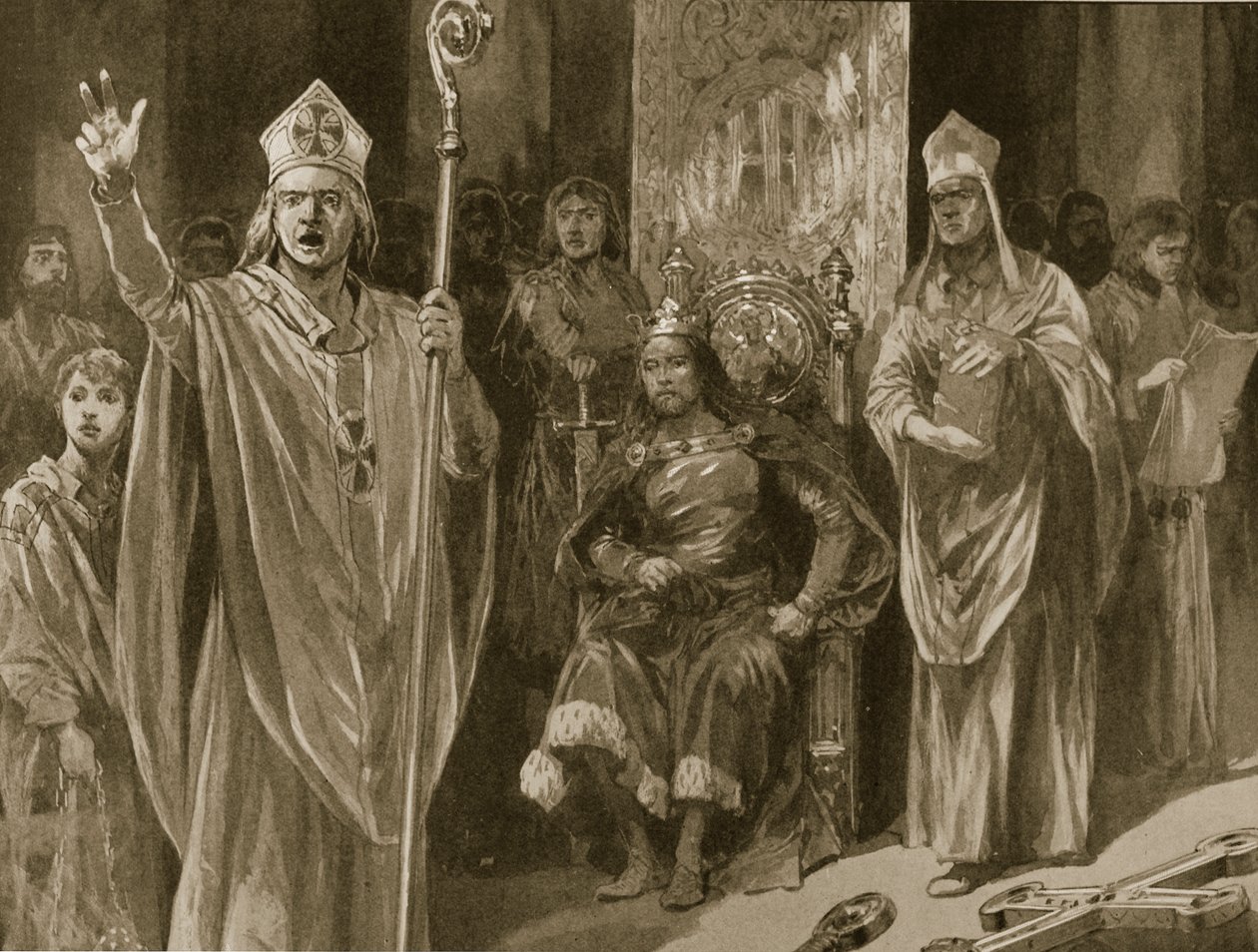 A Oração de Hubert Walter, Arcebispo de Canterbury, na Coroação de João, Dia da Ascensão, 27 de maio de 1199, de &39;The Illustrated London News&39;, 1902 de Richard Caton Woodville