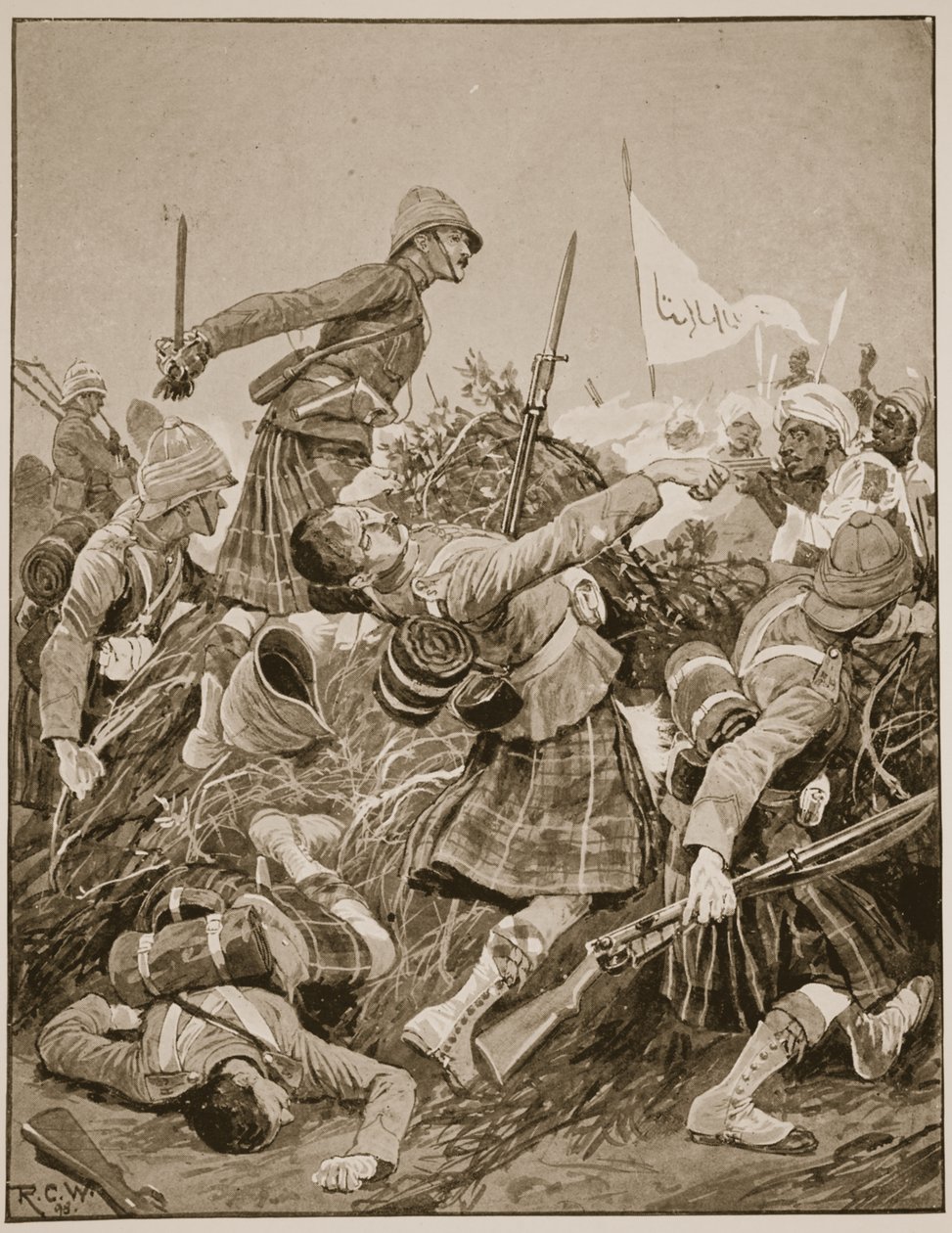 Os Highlanders de Seaforth invadiram o zareba na Batalha de Atbara, ilustração de "Battles of the décimo nono século" vol. V: Campanhas dos anos noventa, por A. Hilliard Atteridge de Richard Caton Woodville