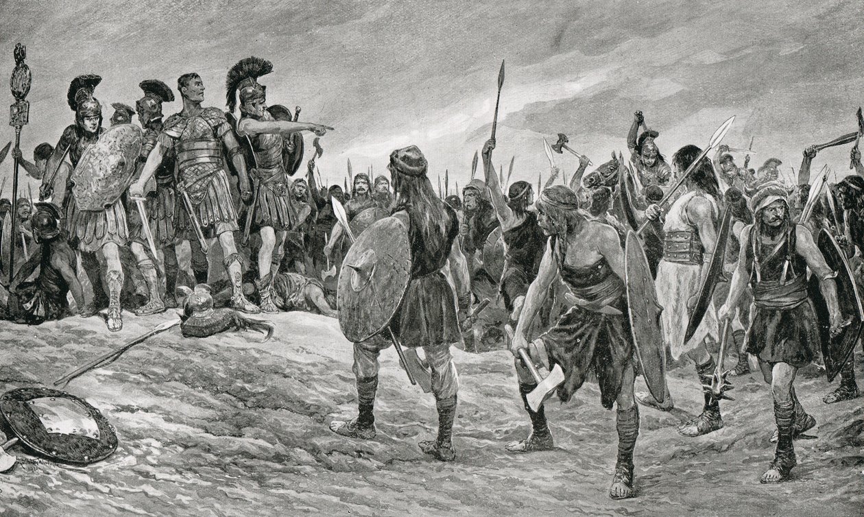 Vespasiano resgatado por seu filho Tito, ilustração da "História das Nações de Hutchinson", c.1910 de Richard Caton Woodville