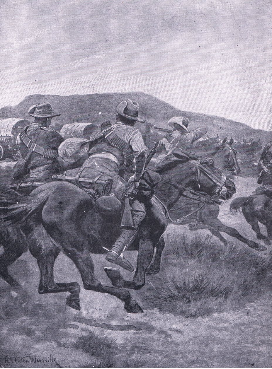 Yeomanry atacando De Wets, retaguarda e transporte, de After Pretoria: The Guerilla War publicado por Harmsworth Bros Limited, 1901 de Richard Caton Woodville