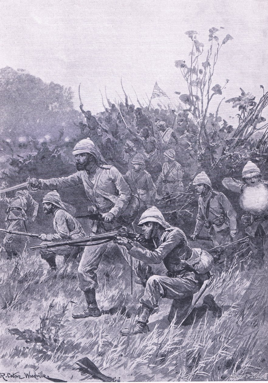 Avanço das forças britânicas na campanha Ashanti de 1873, ilustração das batalhas britânicas em terra e mar, 1915 de Richard Caton Woodville junior