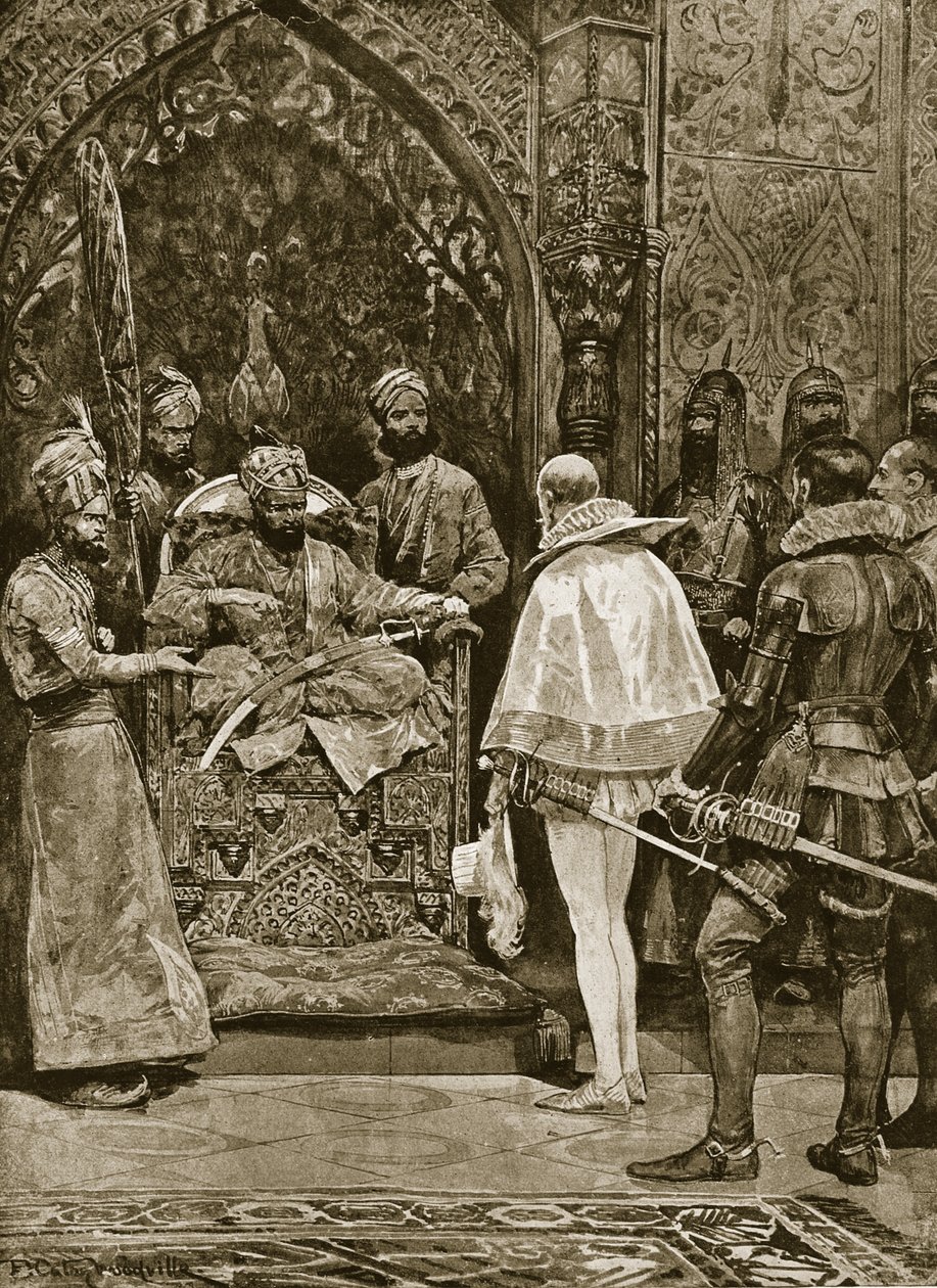 Uma antiga embaixada inglesa na Índia, em 1599, ilustração da "Hutchinson&39;s Story ofthe British Nation", c.1923 de Richard Caton Woodville junior