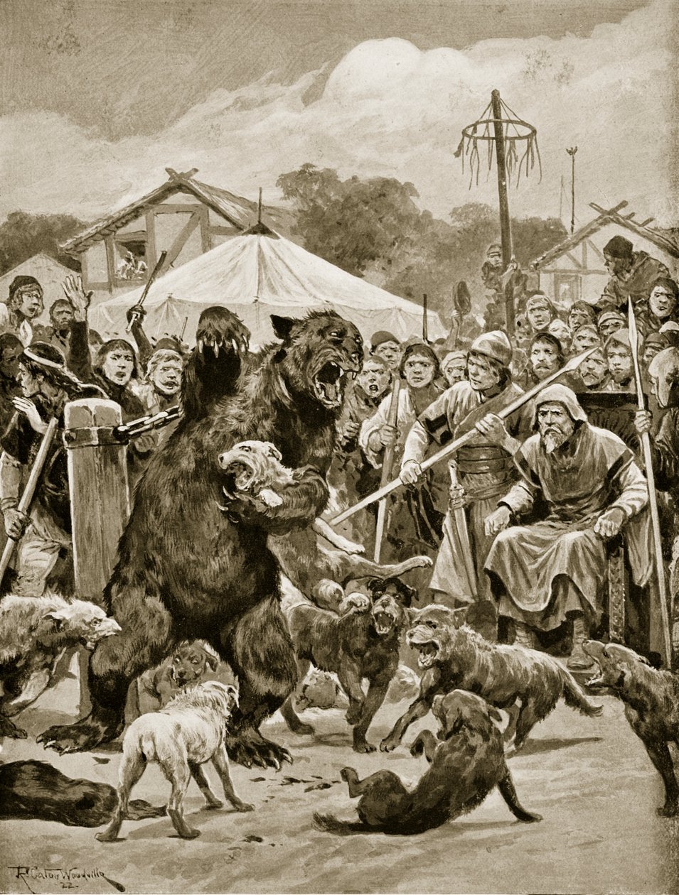Urso Baiting no Saxon Times, ilustração de "Hutchinson da história da nação britânica", c.1920 de Richard Caton Woodville junior