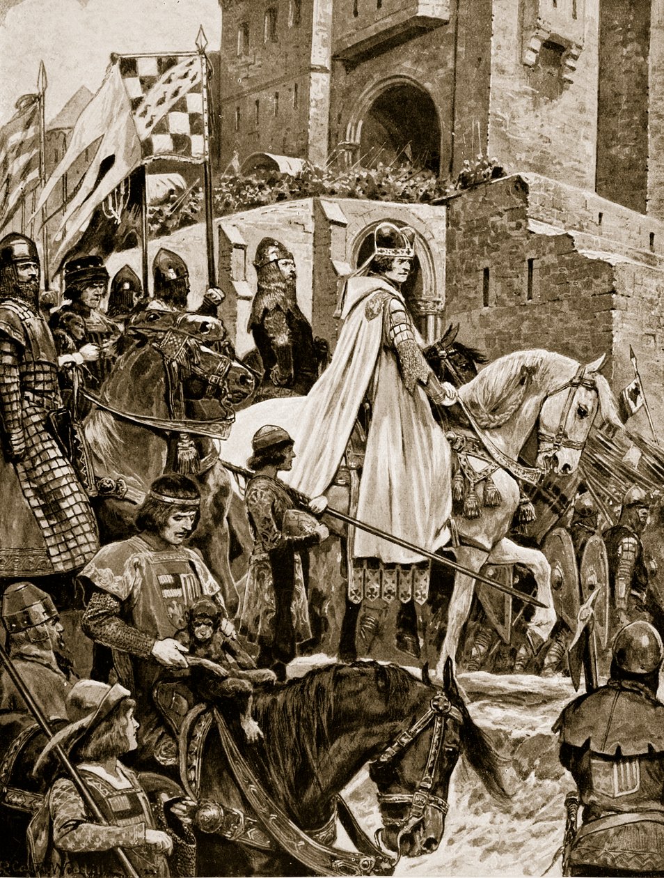A procissão de Becket pela França, 1158, ilustração da "Hutchinson&39;s Story ofthe British Nation", c.1923 de Richard Caton Woodville junior
