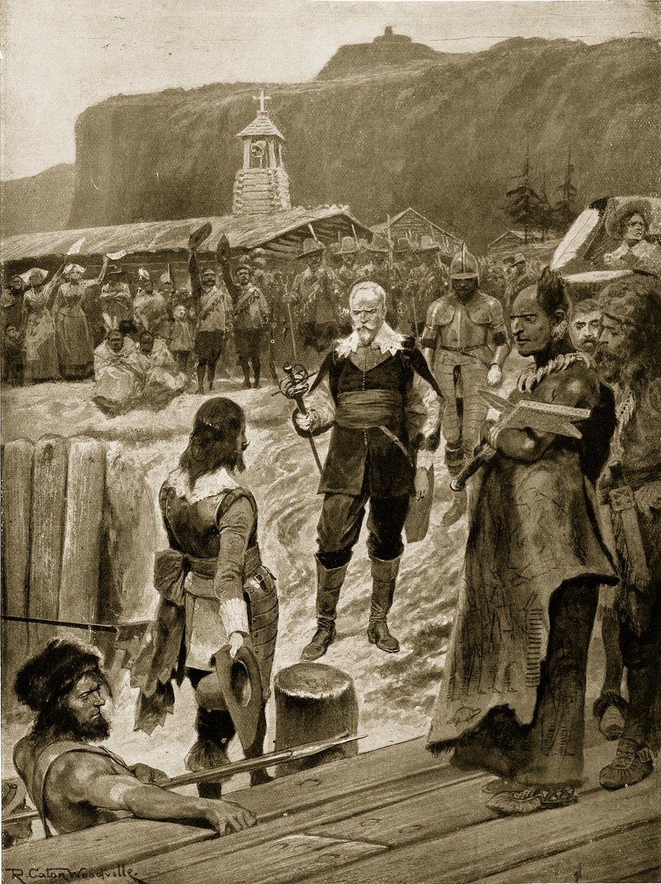 Primeira etapa da Grã-Bretanha em Quebec, ilustração da "Hutchinson&39;s Story ofthe British Nation", c.1923 de Richard Caton Woodville junior