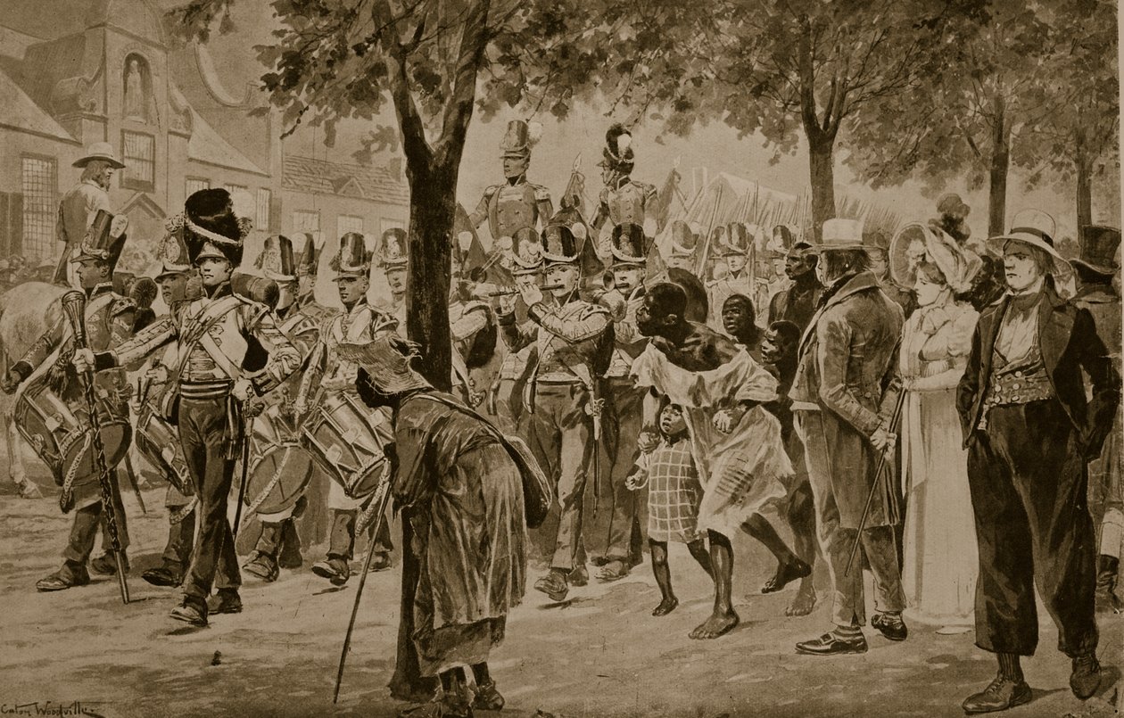 Forças britânicas marchando para a Cidade do Cabo, em 1814, ilustração da "Hutchinson&39;s Story ofthe British Nation", c.1923 de Richard Caton Woodville junior