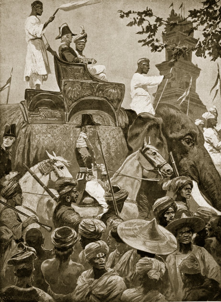 Tropas britânicas que entram em Cingapura, 1824, ilustração da "Hutchinson&39;s Story ofthe British Nation", c.1923 de Richard Caton Woodville junior