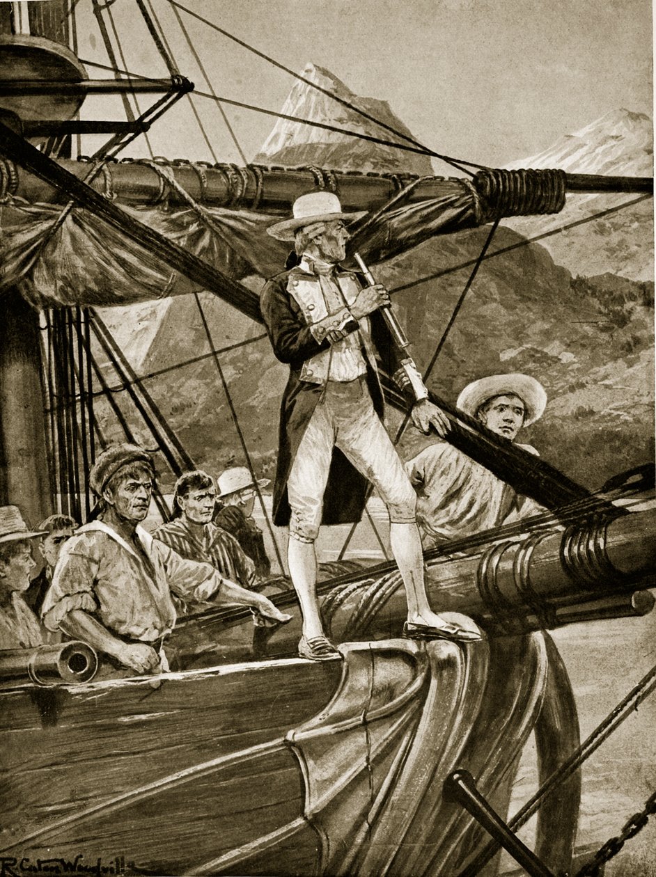 Capitão Cook se aproximando da Nova Zelândia, ilustração da &39;Hutchinson&39;s Story ofthe British Nation&39;, c.1923 de Richard Caton Woodville junior