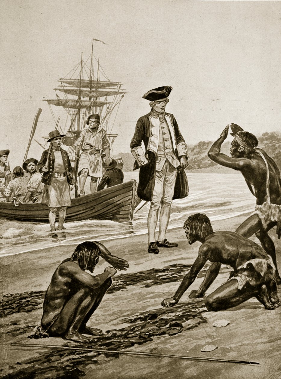 Capitão Cook desembarque na Tasmânia, 1777, ilustração da "História da nação britânica" de Hutchinson, c.1923 de Richard Caton Woodville junior