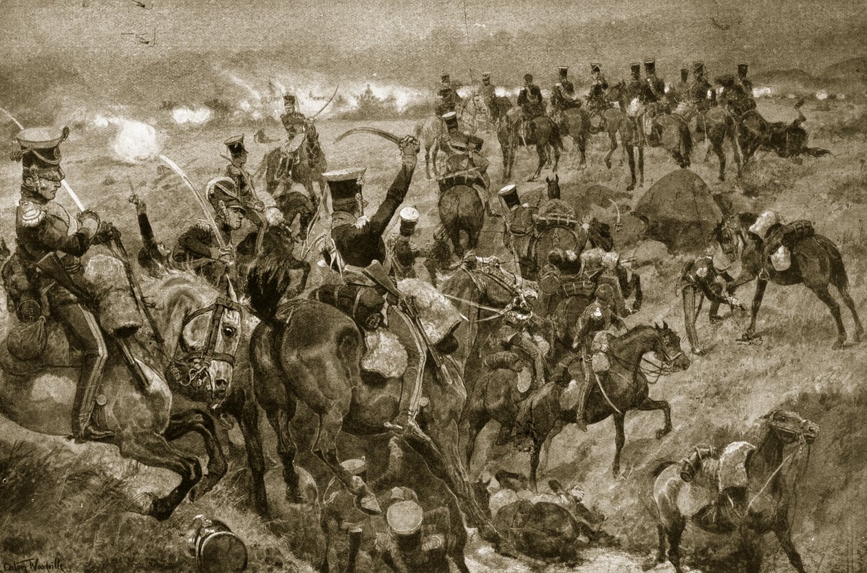 Carga dos Dragões em Talavera, ilustração da &39;Hutchinson&39;s Story of the British Nation&39;, c.1923 de Richard Caton Woodville junior