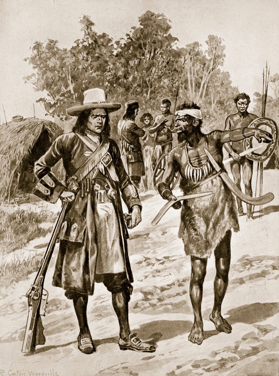 Dampier examinando um bumerangue na Austrália, ilustração da "Hutchinson&39;s Story ofthe British Nation", c.1923 de Richard Caton Woodville junior