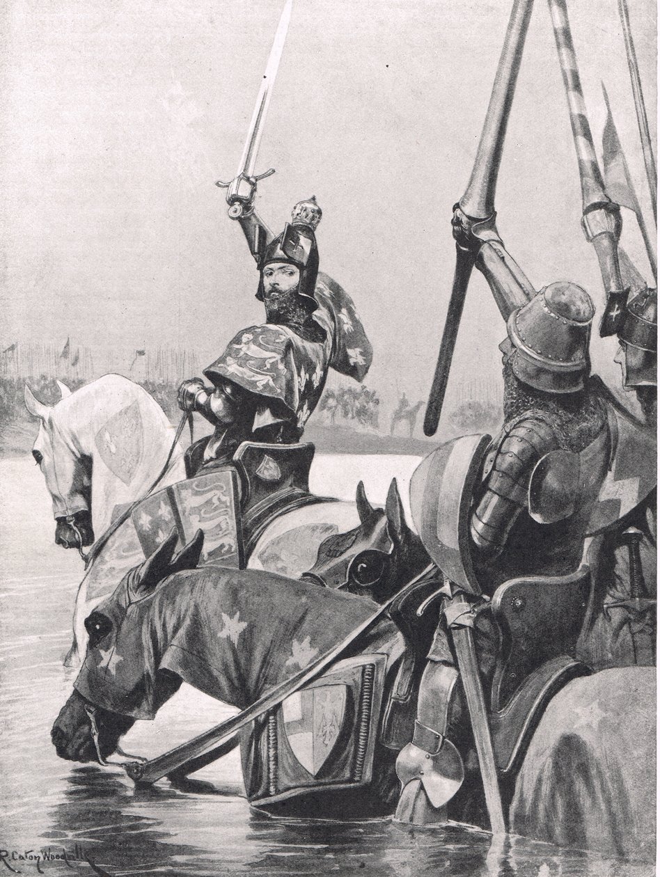 Edward III cruzando o Somme antes da Batalha de Crecy, ilustração de "Batalhas Britânicas na Terra e no Mar", publicada por Cassell, Londres, c.1910 de Richard Caton Woodville junior