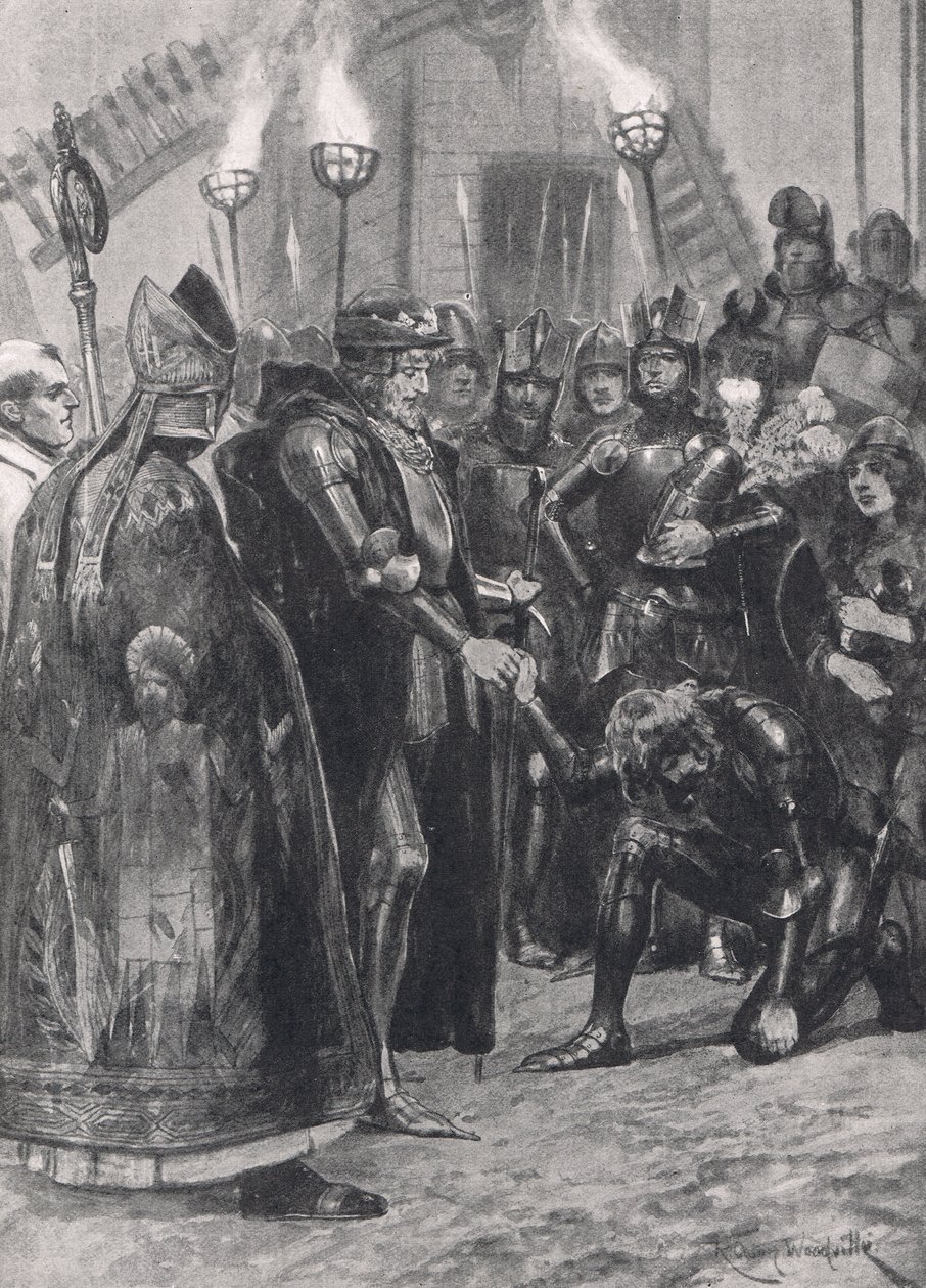 Eduardo III cumprimentando o Príncipe de Gales depois da Batalha de Crecy, ilustração de "Batalhas Britânicas na Terra e no Mar", publicada por Cassell, Londres, c.1910 de Richard Caton Woodville junior